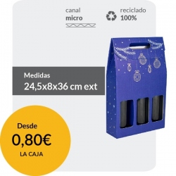 Cajas de Cartón para 3 Botellas Azul con detalles Navideños