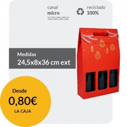 Cajas de Cartón para 3 Botellas Roja con detalles Navideños