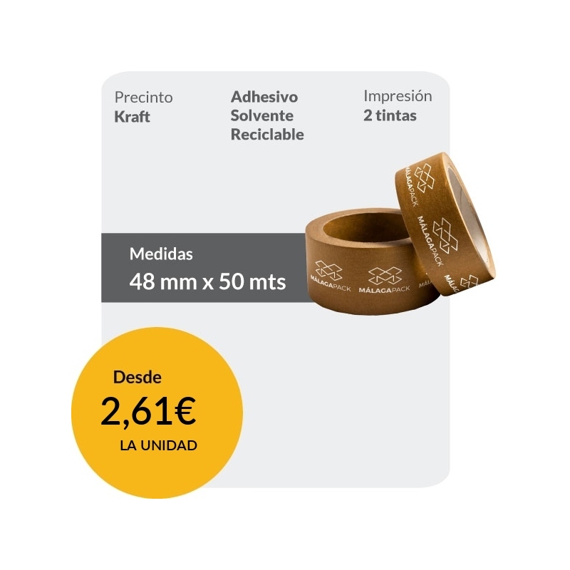 Precinto personalizado Papel Kraft 100% reciclable 50mts - 2 tinta / Cliché gratis