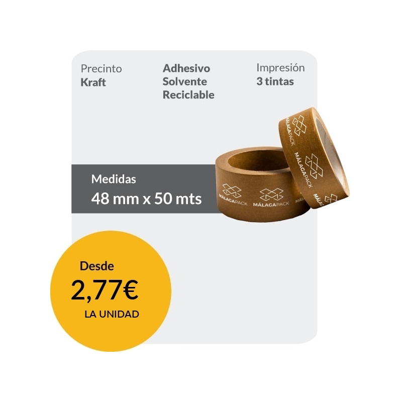 Precinto personalizado Papel Kraft 100% reciclable 50mts - 3 tinta / Cliché gratis